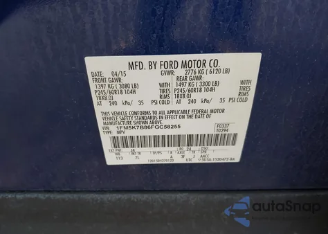 2015 Ford Explorer from USA, damaged, VIN 1FM5K7B86FGC58255